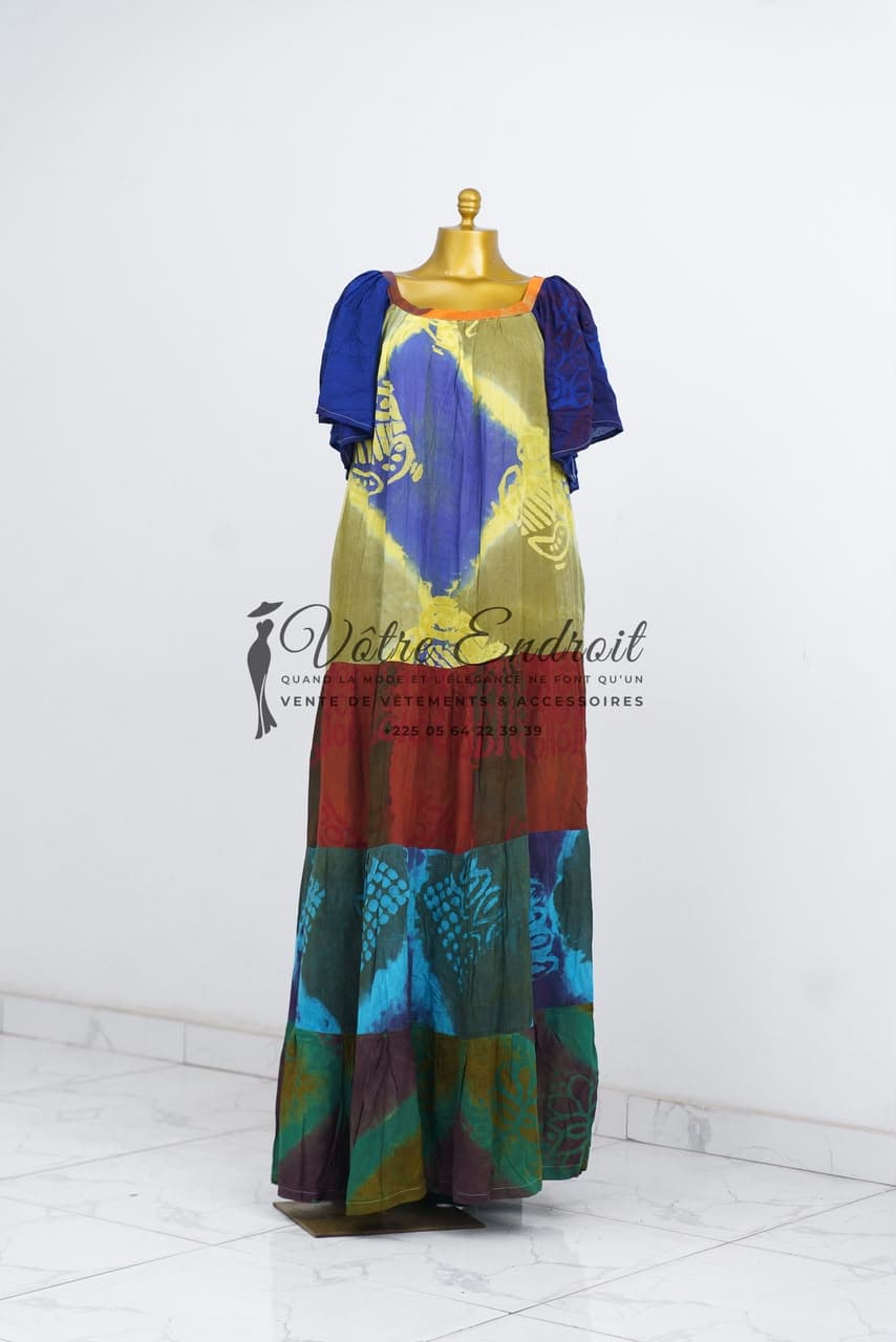 Pièce NZ04 — Boubou tunique · olive, bleu roi & jaune, motifs géométriques