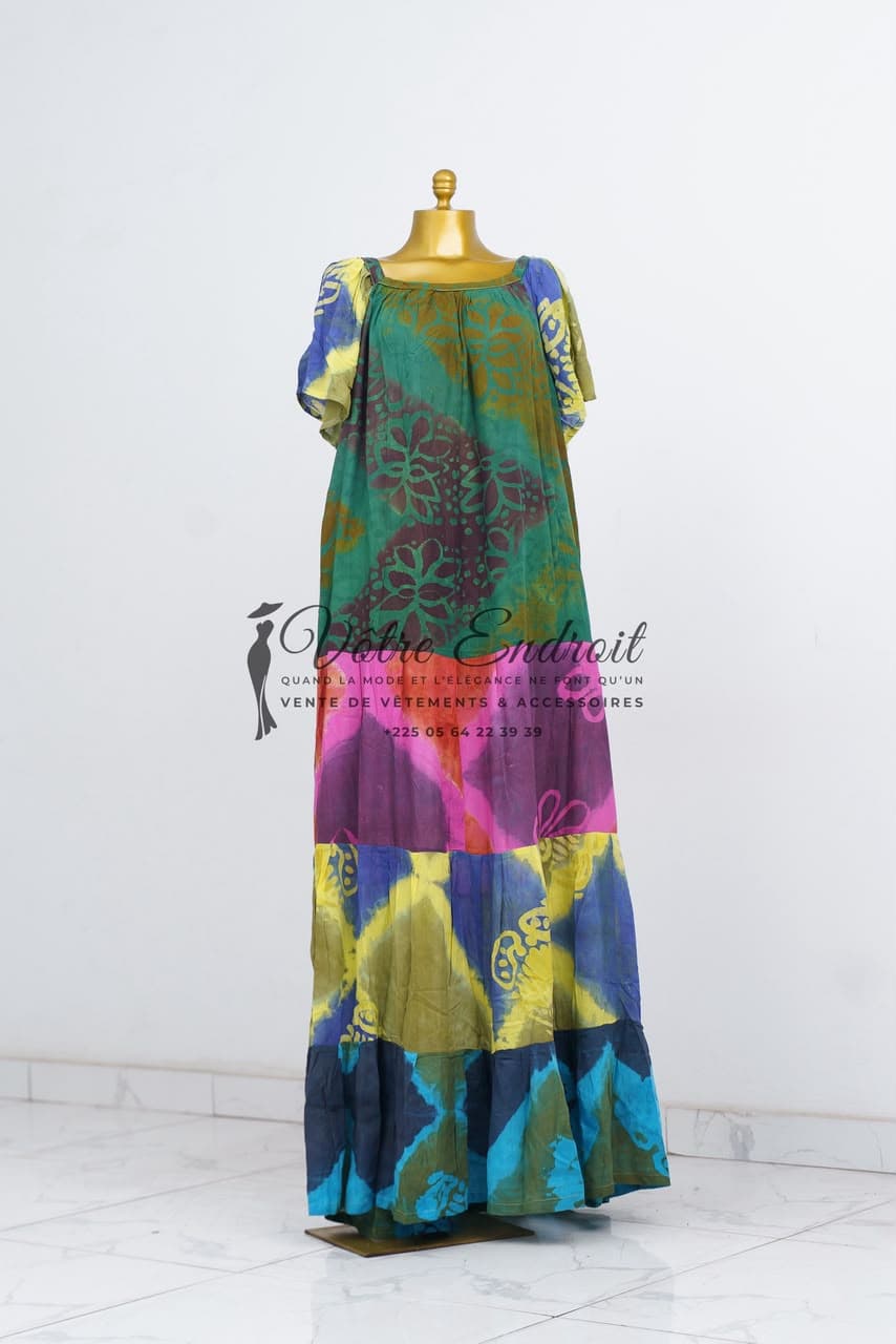 Pièce NZ08 — Boubou tunique · vert émeraude, jaune & fuchsia, motifs tribaux