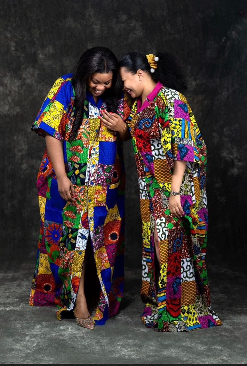 Boubou Lagune — Patchwork wax · poches fuchsia