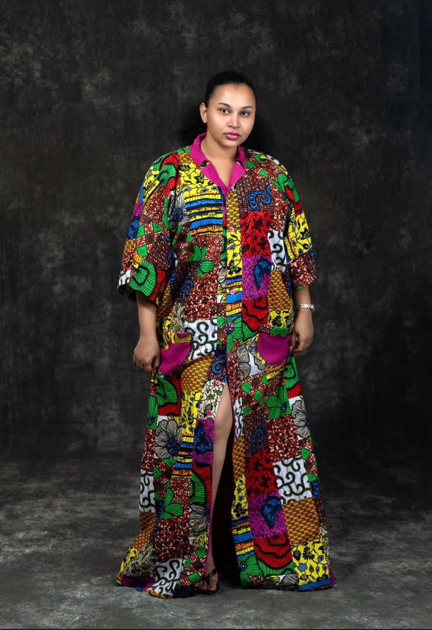 Boubou Soleil — patchwork wax bleu cobalt