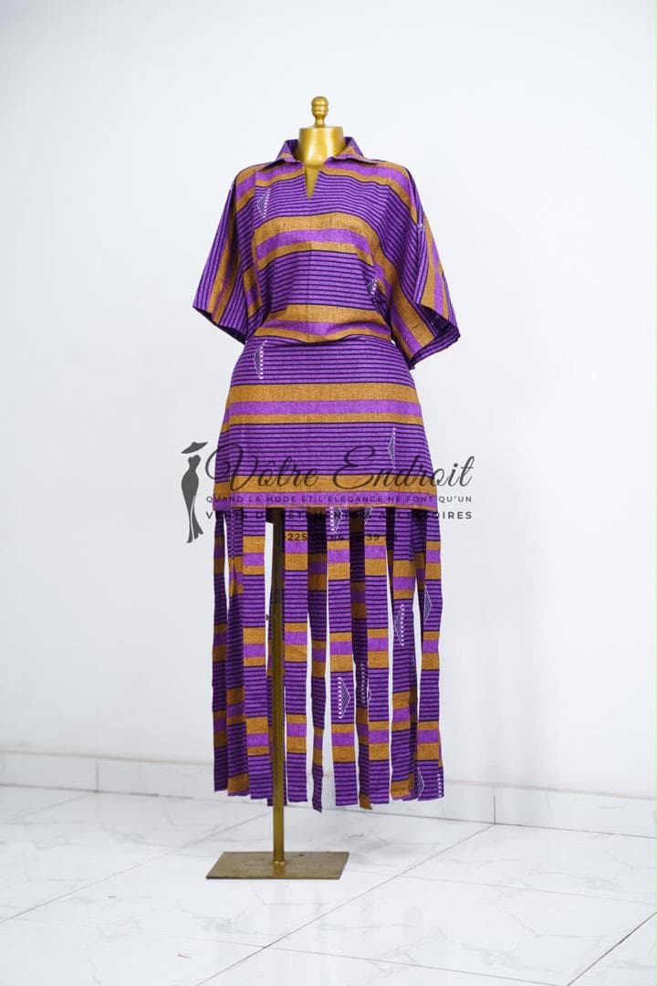 Pièce RS02 — Robe bustier à franges · violet & or, rayures batik