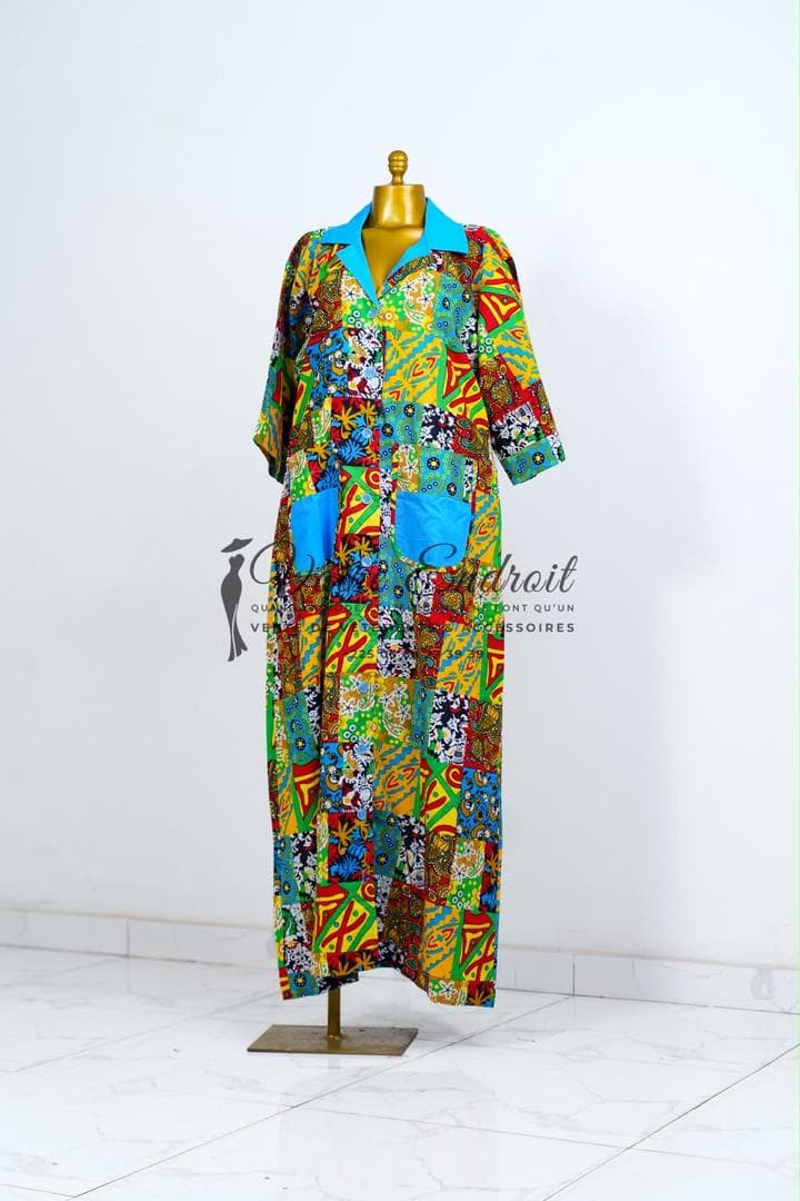 Pièce RS04 — Robe chemise patchwork · vert, jaune & rouge, col & poches bleu ciel